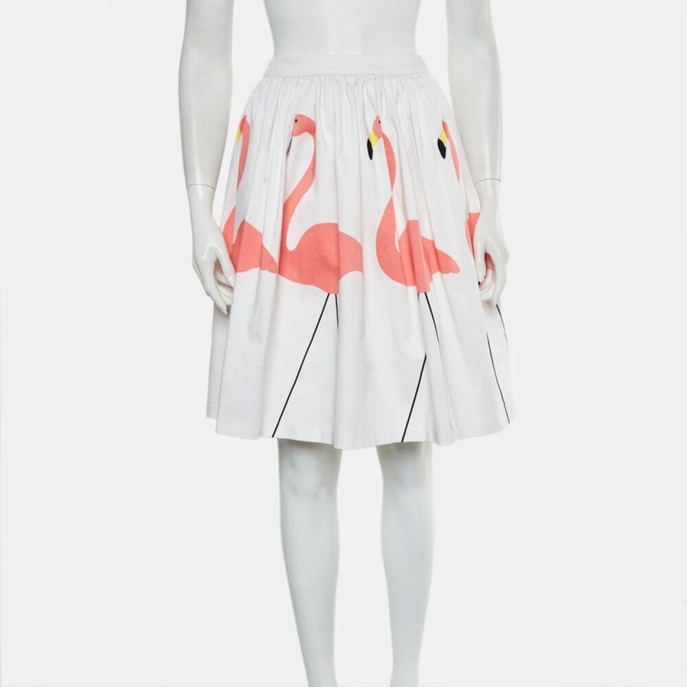 Alice + Olivia White Flamingo Print Stretch Cotton Flared Hale Mini Skirt Xs - Picture 2 of 6
